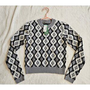 Simons Icone White/Gray/Black Womens Crop Knit Sweater size XS Geometric